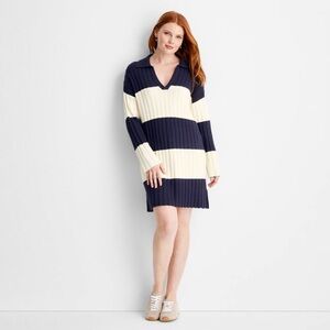 Striped Long Sleeve Dress - Navy and White